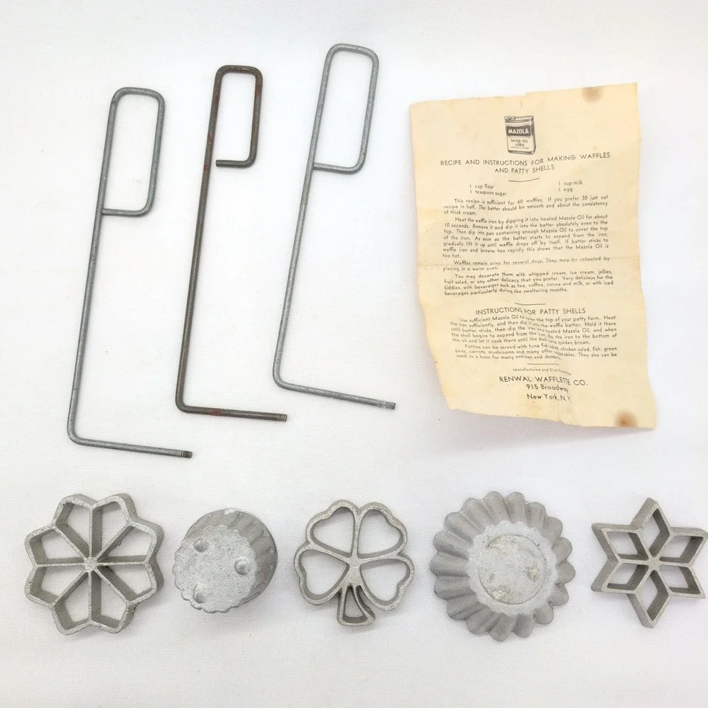 vtg Renwal Wafflette Co Rosette Timbale Iron Set Silver 5 Molds 3 Handles Recipe